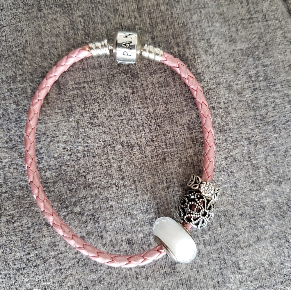 Pandora pink leather bracelet with 3 charms
